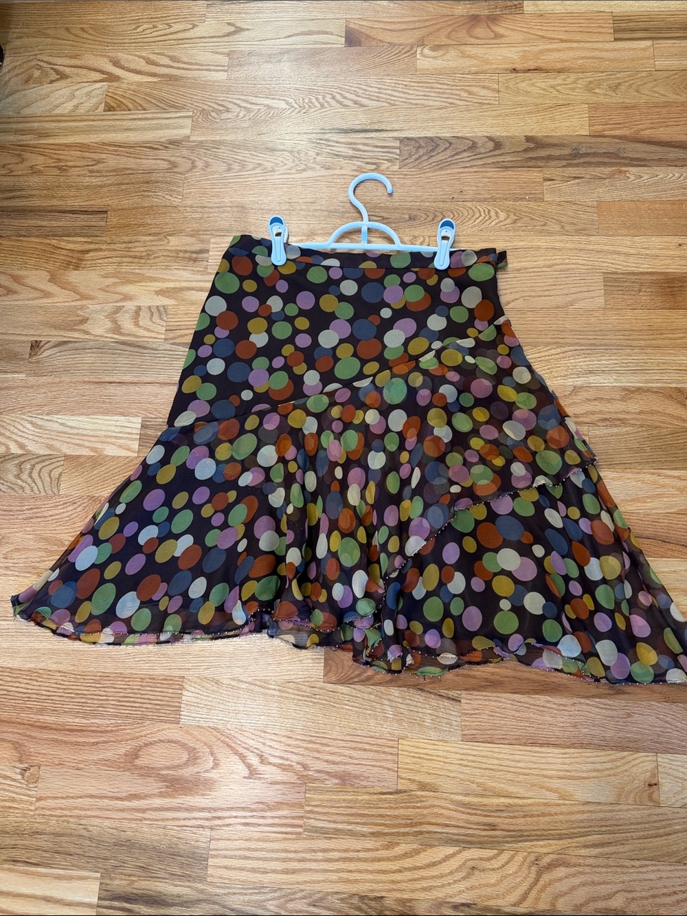 Silk Polka Dot Tiered Flare Skirt - Black with Multi-Colored Dots